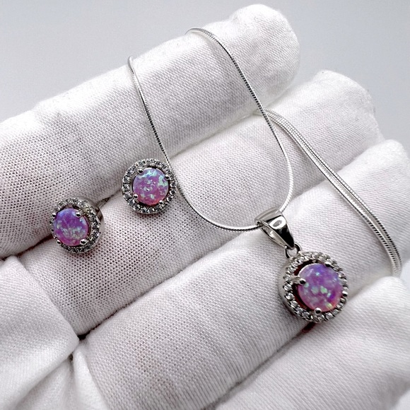 Sterling Silver Halo Pink Fire Opal Cz Set - Picture 5 of 17